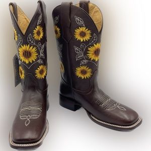 Camila Leather Square Toe Yellow Sunflower and White Embroider Cowboy Boots